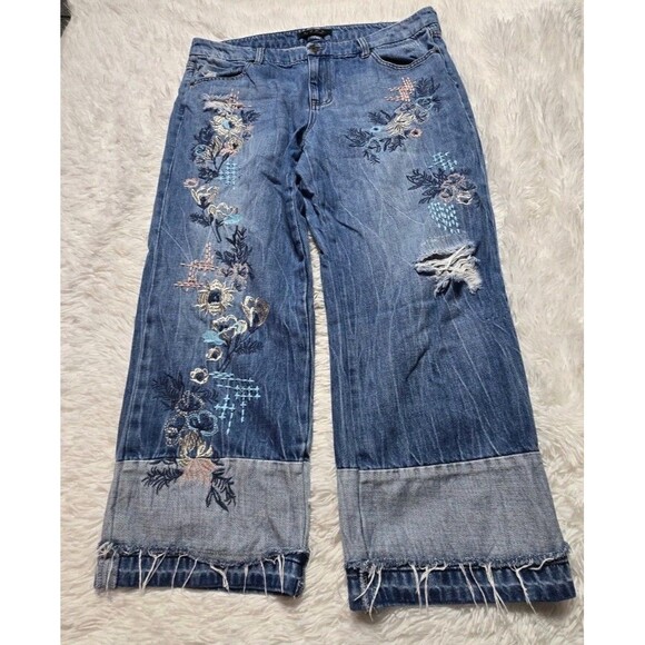 LIVERPOOL Cropped Wide Leg Embroidered Floral Denim Raw Hem Frayed Jeans Size 14 - Picture 1 of 13
